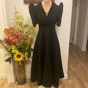 Filipiniana Classic Black Puff-Sleeve Midi Dress with Pockets, Fits S, M, and L